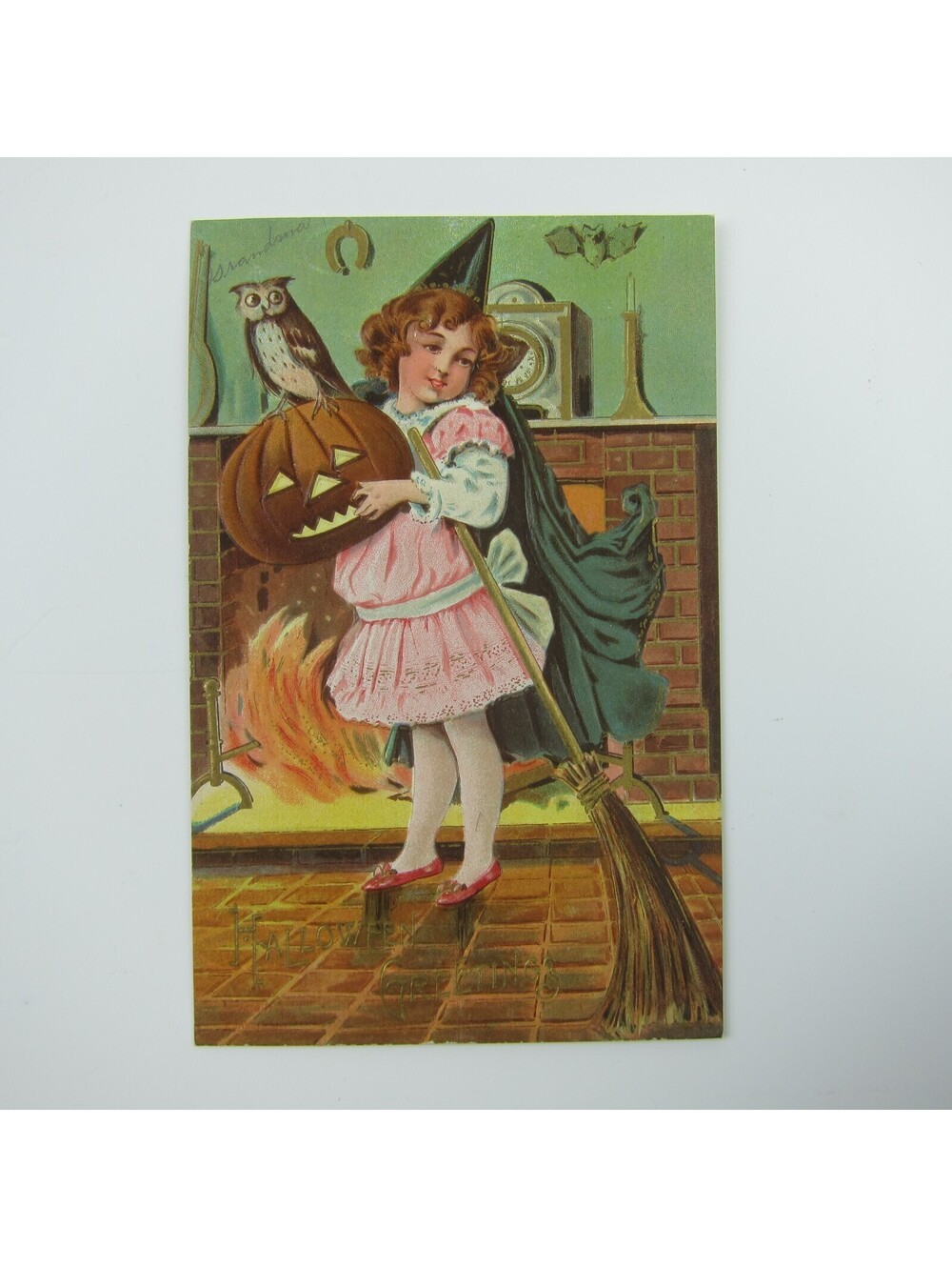 Vintage Halloween Postcard Girl Witch Pumpkin Jack-O-Lantern Owl Gold Embossed